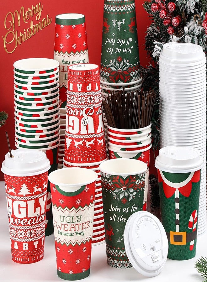 Nitial 100 Set Christmas Paper Cups 16 oz Disposable Coffee Cups with Lids Straw Christmas Paper Beverage Cups for Xmas Hot and Cold Drinks Tea Water Party Supplies(Ugly Design) - Image 1